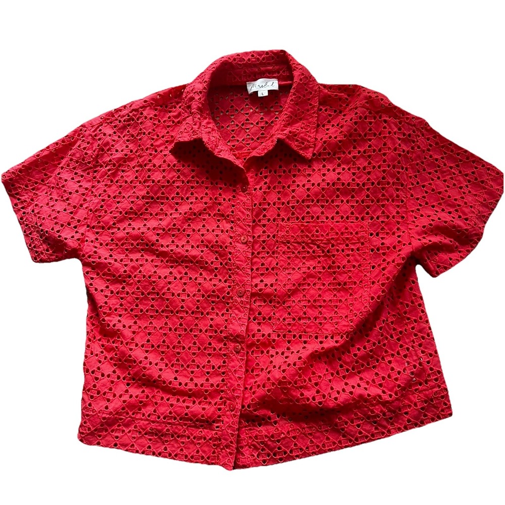 Womens Open Knit Coral Eyelet Short Sleeve Top L Summer Beach‎ Vacation Festival